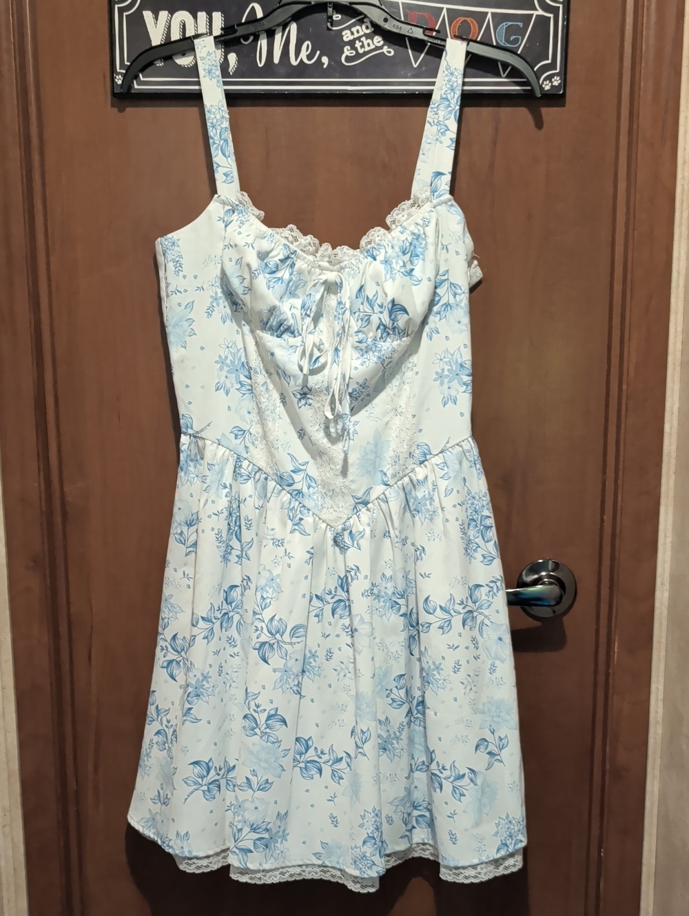 Blue White Floral Midi Sundress with Lace Up Back